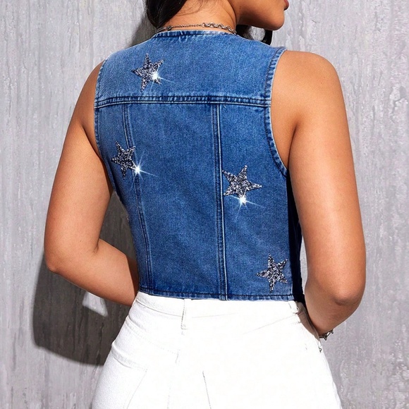 Dark Wash Blue Glitter Star Button Down Denim Jean Western Vest - Picture 6 of 12
